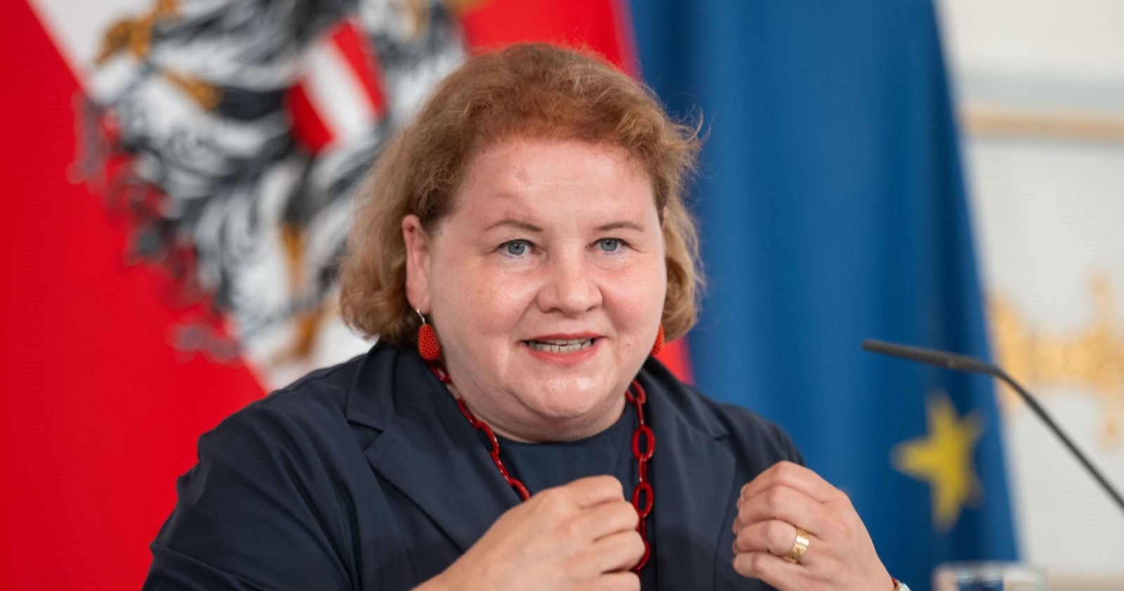 Minister of Social Affairs Korinna Schumann speaks in front of Austrian and EU flags about the new partial pension regulation